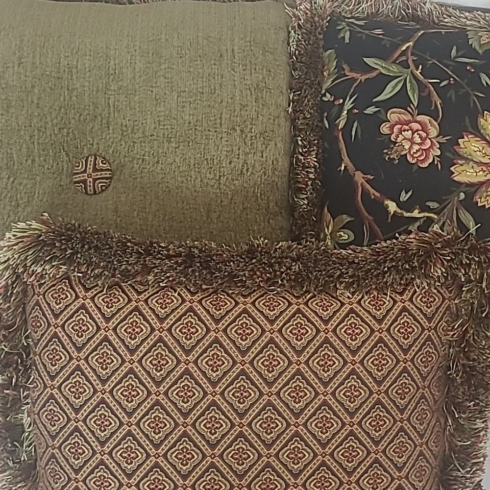3 Matching Accent Throw Pillows Fringed Black w Floral Print 17